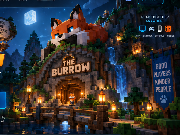 A block-built Burrow world at night